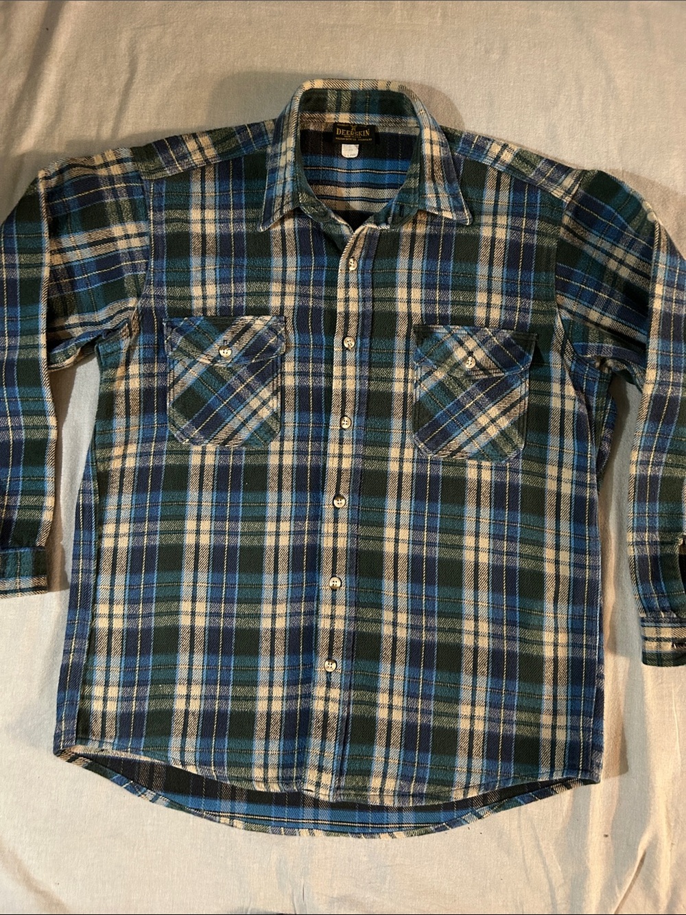 Deerskin Blue & White Plaid 100% Cotton Flannel Button Down Long Sleeve Shirt